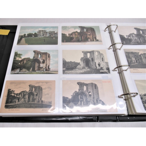 787 - Folder containing approximately four hundred postcards of castles such as Crayke, Criccieth, Denbigh... 