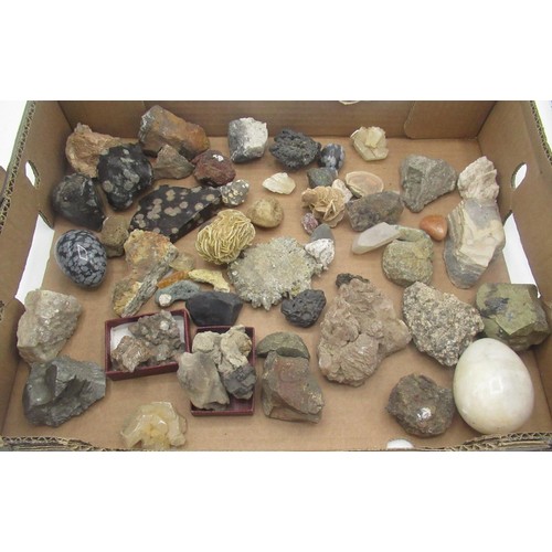 104 - Pyrite, Desert Rose, marble eggs, Quartz, Snowflake Obsidian and other mineral specimens (approx ove... 