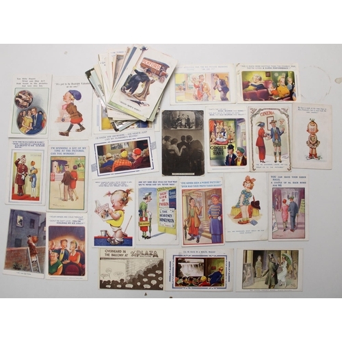 761 - Collection of theatre and cinema related postcards, mainly comic with some Charlie Chaplin related a... 