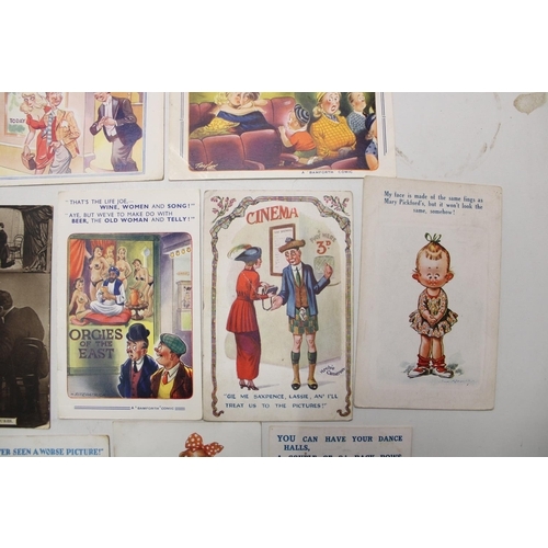 761 - Collection of theatre and cinema related postcards, mainly comic with some Charlie Chaplin related a... 