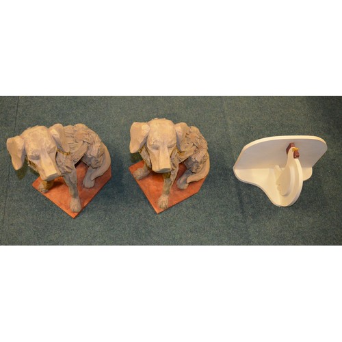 73 - Two large cast resin figures of seated Labradors H43cm, and a white painted small shelf in the form ... 