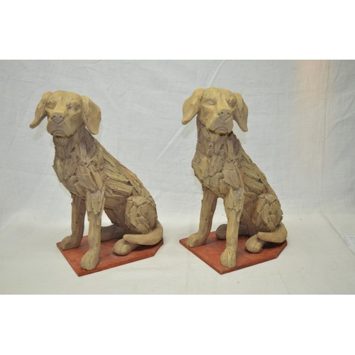 73 - Two large cast resin figures of seated Labradors H43cm, and a white painted small shelf in the form ... 