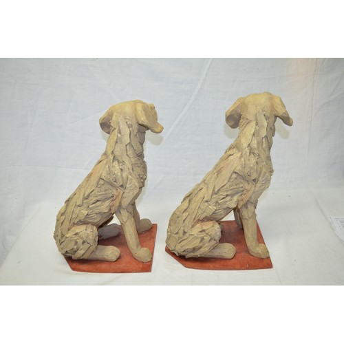 73 - Two large cast resin figures of seated Labradors H43cm, and a white painted small shelf in the form ... 