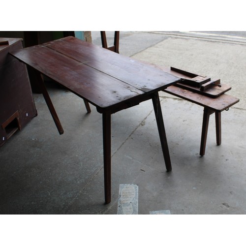 76 - Quality vintage mahogany campaign table (L135cm W25cm H43cm) and two benches with fold away legs and... 