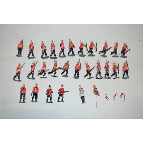 157g - 27 vintage Britain’s/Johillco light infantry figures and separate flag bearer (a/f).