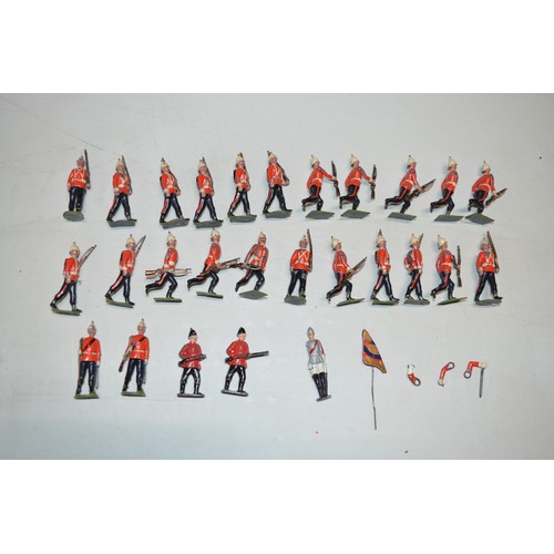 157g - 27 vintage Britain’s/Johillco light infantry figures and separate flag bearer (a/f).