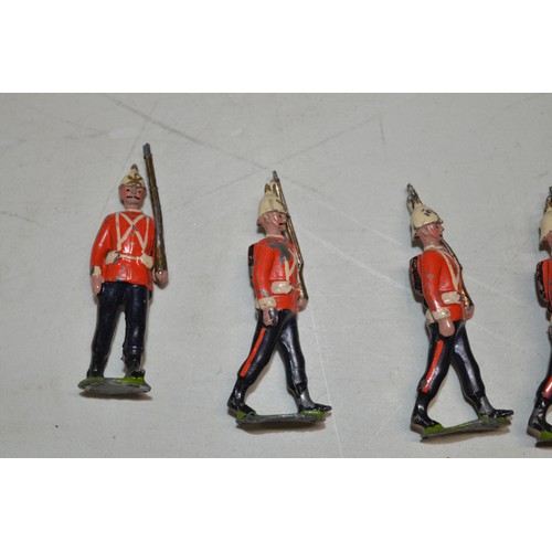 157g - 27 vintage Britain’s/Johillco light infantry figures and separate flag bearer (a/f).