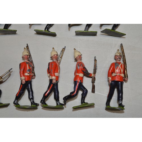157g - 27 vintage Britain’s/Johillco light infantry figures and separate flag bearer (a/f).