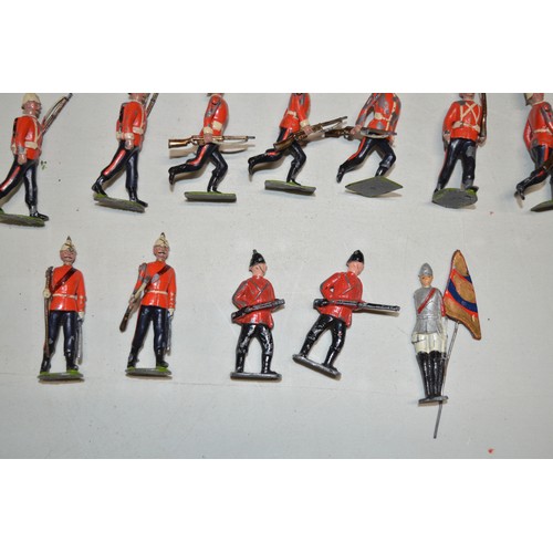 157g - 27 vintage Britain’s/Johillco light infantry figures and separate flag bearer (a/f).