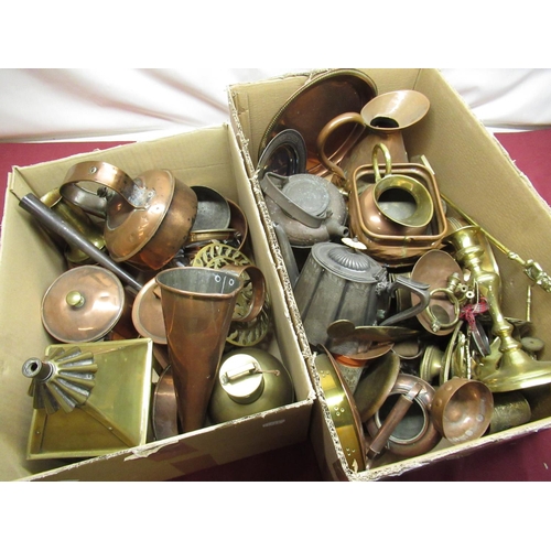 106 - Various brass and copper including candlesticks, jugs, horse brasses, lantern, etc (2 boxes)