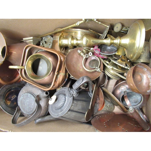 106 - Various brass and copper including candlesticks, jugs, horse brasses, lantern, etc (2 boxes)