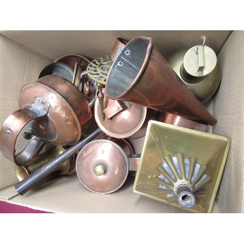 106 - Various brass and copper including candlesticks, jugs, horse brasses, lantern, etc (2 boxes)