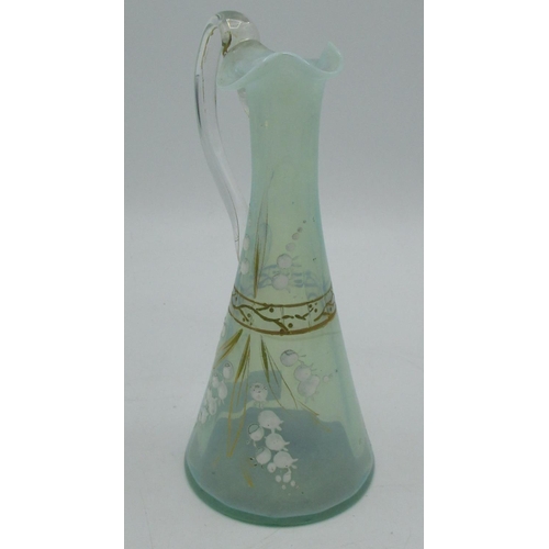 114 - Late C19th Vaseline glass jug with painted decoration of foxgloves