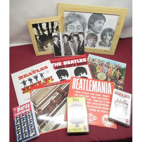 121 - Selection of various Beatles items including Beatles print by Johnathan Wood, two framed Beatles pho... 