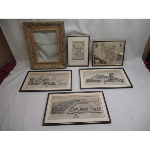 788 - Gilt framed map of the road from Whitby to Durham, map of Derbyshire, three views of castles in Durh... 