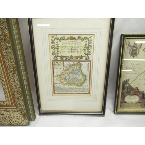 788 - Gilt framed map of the road from Whitby to Durham, map of Derbyshire, three views of castles in Durh... 