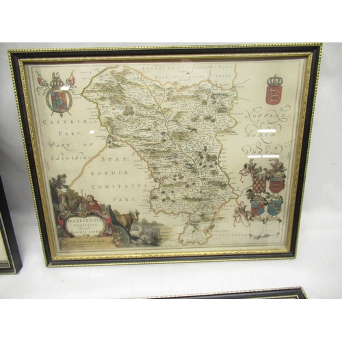 788 - Gilt framed map of the road from Whitby to Durham, map of Derbyshire, three views of castles in Durh... 