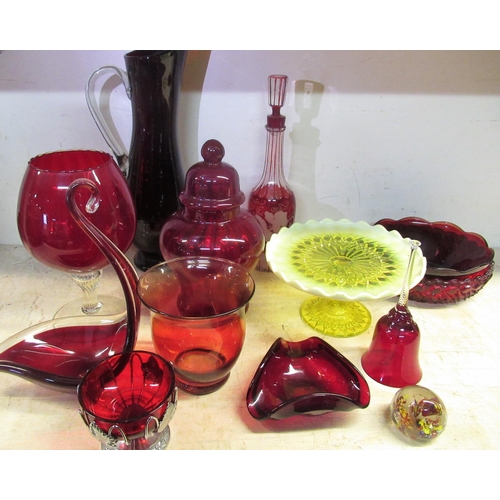 807 - Uranium glass tazza with cut glass and frosted pie crust border, a large cranberry glass decanter wi... 