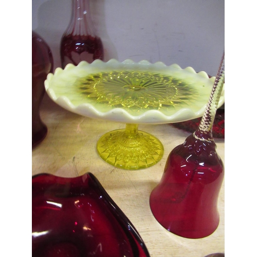 807 - Uranium glass tazza with cut glass and frosted pie crust border, a large cranberry glass decanter wi... 