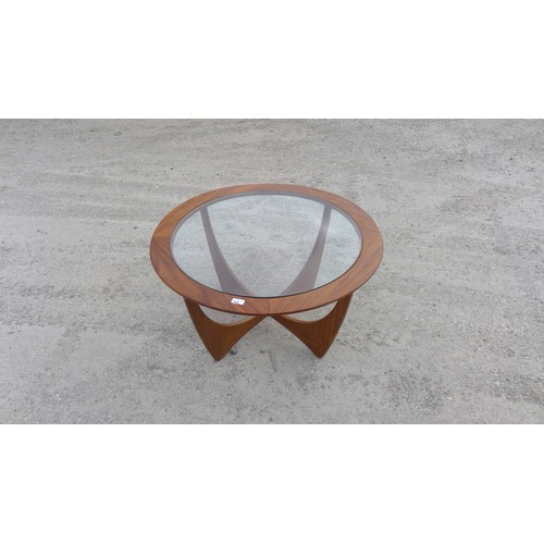 820 - G-Plan Astro teak circular coffee table with glass inset top on angular X supports D84cm H45cm