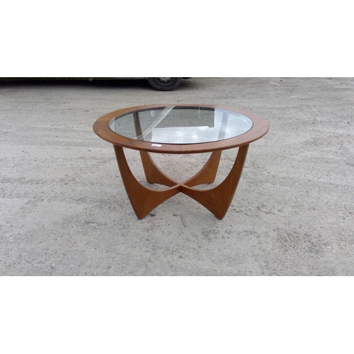 820 - G-Plan Astro teak circular coffee table with glass inset top on angular X supports D84cm H45cm