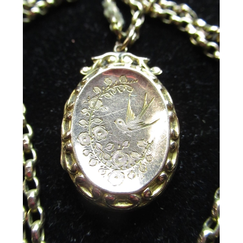 15 - 9ct yellow gold front and back locket, bright cut with swallow and flowers on a 9ct yellow gold belc... 