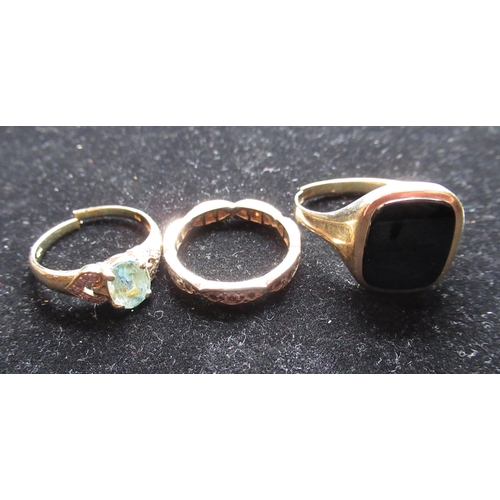 16 - 9ct yellow gold eternity ring set with white stones (AF), 9ct yellow gold and onyx signet ring (AF) ... 