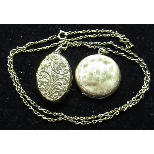 17 - Rolled yellow gold locket with bright cut front on yellow metal chain, and another rolled gold locke... 