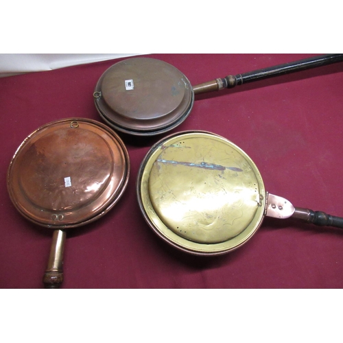 124 - Late C19th copper warming pan with turned fruitwood handle, another copper warming pan, two other wa... 