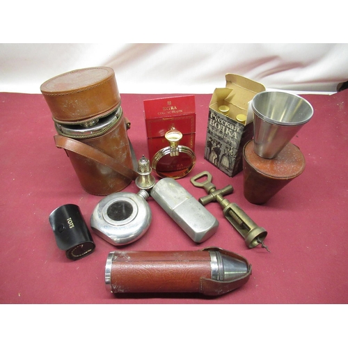 470 - Selection of hip flasks, corkscrew and a silver hallmarked pepperette