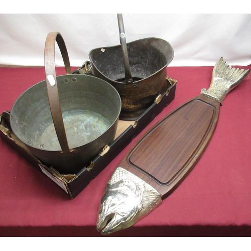 161 - C20th brass jam pan with steel riveted strap work handle, early C20th brass coal helmet, salmon serv... 