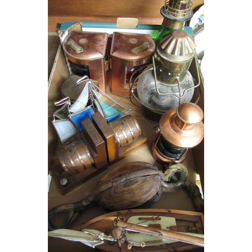 163 - Pair of mid C20th oak book ends decorated with barrels, pair of late C20th copper and brass navigati... 