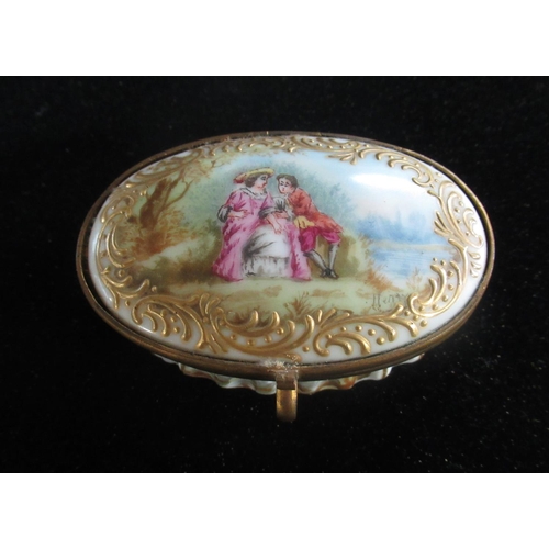 433 - C18th Continental style porcelain oval box, gilt metal mounted hinged cover decorated with lovers in... 
