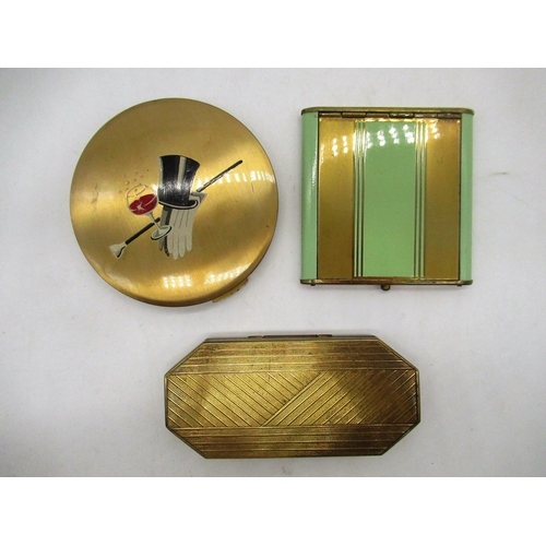 235 - Austrian Art Deco striped gilt and mint green enamel square compact, a circular Stratton gilt compac... 