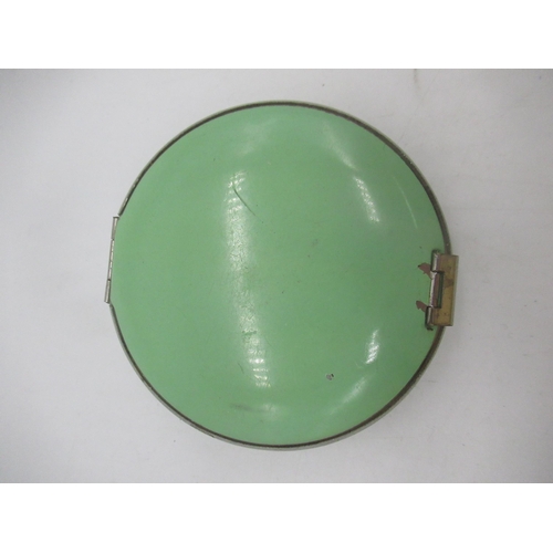 230 - Art Deco green enamel circular compact, hinged lid with with Swiss made clock