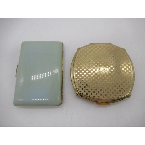 232 - Art Deco striped gilt and mint green enamel combination compact and cigarette case stamped Foreign a... 