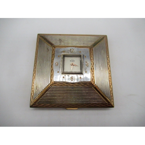 231 - Swiss Art Deco engine turned square compact by ABME, hinged lid with Buler 15 Jewel clock