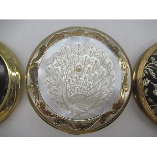 244 - Circular compact with oriental scene, circular compact with peacock carved into mother of Pearl, Str... 