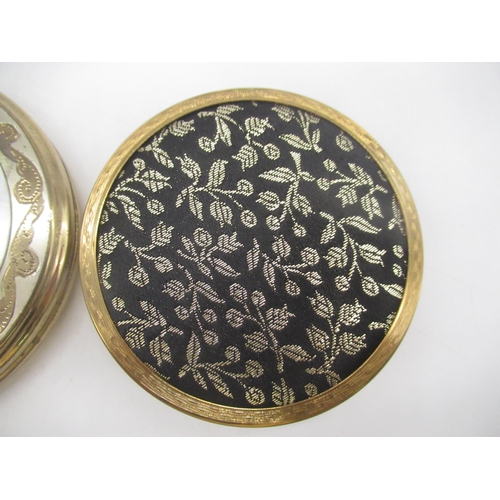 244 - Circular compact with oriental scene, circular compact with peacock carved into mother of Pearl, Str... 