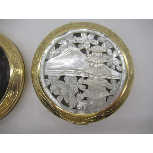 245 - Circular Compact with Pagoda and mountain scene carved into mother of Pearl to front, another circul... 