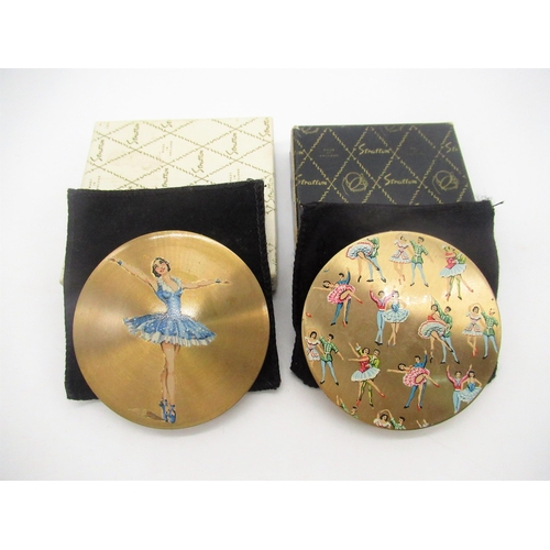243 - Stratton compact with ballet dancing couples on brushed gilt metal complete with puff, and another S... 