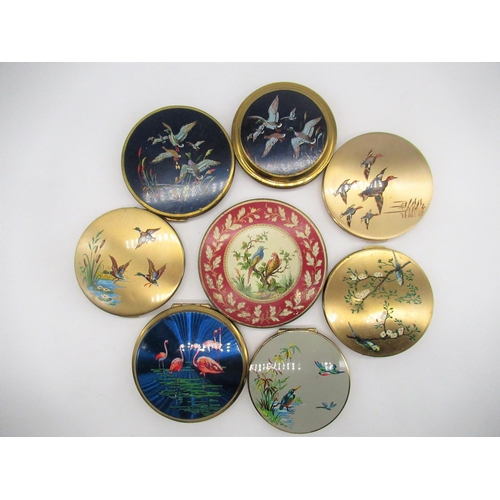 271 - Seven Stratton compacts with bird covers, a Mascot compact with flying duck cover (8)
