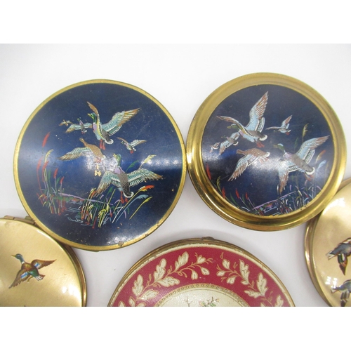 271 - Seven Stratton compacts with bird covers, a Mascot compact with flying duck cover (8)