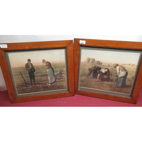 9 - Pair of chromolitho. prints, studies of European farm workers, in oak frames, 33cm x 37cm (2)