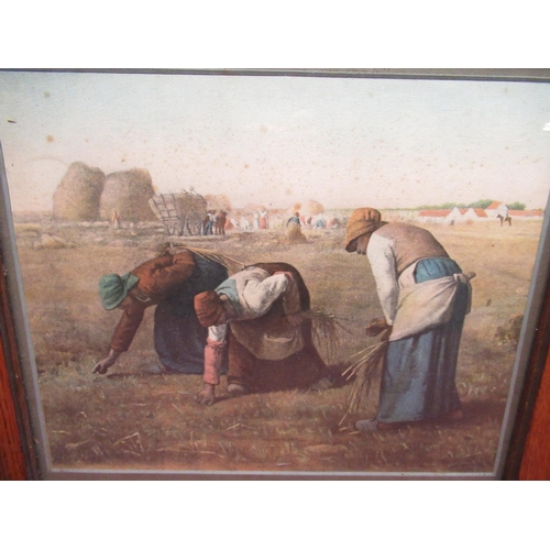 9 - Pair of chromolitho. prints, studies of European farm workers, in oak frames, 33cm x 37cm (2)