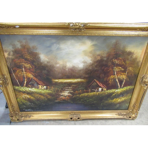 18 - C20th; Rural Autumn landscape, oil on canvas, indistinctly signed, 60cm x 90cm