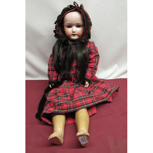 873 - Heubach Koppelsdorf 250.3 bisque headed doll, with black wig, wearing a tartan dress and bonnet, H61... 