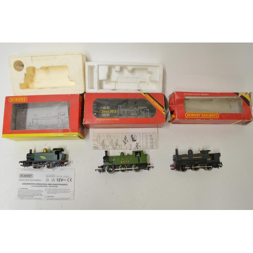 597 - Collection of OO gauge Hornby train models, three tank engines, locomotives, rolling stock, etc