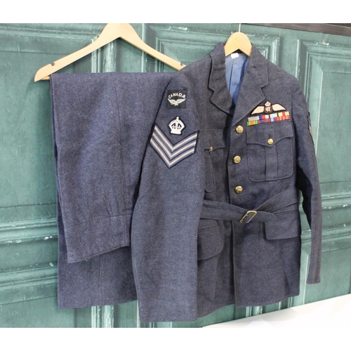 113 - Royal Canadian Air Force sergeant's blue serge tunic with insignia and medal ribbons, and trousers (... 