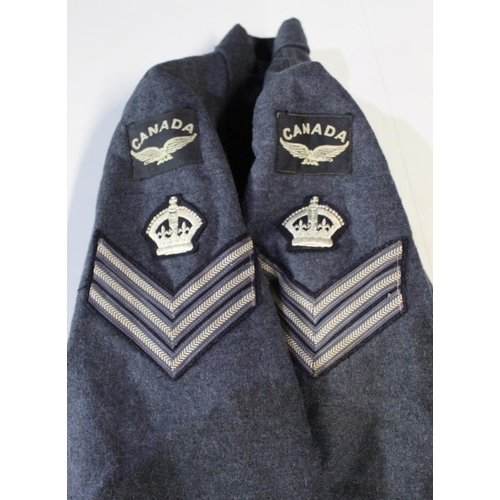 113 - Royal Canadian Air Force sergeant's blue serge tunic with insignia and medal ribbons, and trousers (... 